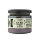 A glass jar of Taycte Famiglia Crispino Black Olive Bruschetta Spread — Italian Olive Tapenade, topped with a black lid and adorned with a cream label showcasing Italian text and detailed ingredients. The deep, dark spread inside reflects its Calabrian heritage, delivering the authentic taste of Italian bruschetta in every bite from Taycte.