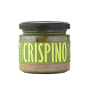 A glass jar with a black lid and a green label reading CRISPINO in large letters, filled with a chunky greenish paste—Taycte Famiglia Crispino Green Olive Bruschetta Spread, an authentic Italian tapenade-style topping made with luscious Calabrian green olives.