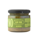 A glass jar of Taycte Famiglia Crispino Green Olive Bruschetta Spread — Tapenade Style Italian, made with extra virgin olive oil and no preservatives, featuring a green label and a black lid.