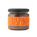 A glass jar with a black lid filled with a chunky, reddish-brown Calabrian sun-dried tomato spread. The orange label reads TAYCTE in large letters, showcasing the bold flavors of this vegan, gluten-free Taycte Crispino Bruschetta Pomodori Secchi.