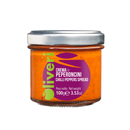 A jar of Taycte Oliveri Chili Pepper Spread — Spicy Italian Crema, 100g, featuring an orange-red chili pepper spread inside and a silver lid. The jar displays a green and purple label with product details, making it the perfect spicy condiment made from authentic Italian hot peppers by Taycte.