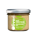 A glass jar of Taycte Porcini Mushroom Spread (Crema di Funghi Porcini) by Taycte, featuring a silver lid and green and white label, containing 100g (3.53oz) of product.