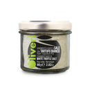 A small glass jar of Taycte White Truffle Salt (Condimento a Base di Sale con Tartufo Bianco) with a silver lid, featuring a label in Italian and English, and displaying the product weight of 80g (2.82oz)—perfect as a luxurious finishing salt for your favorite dishes.