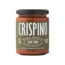 A jar of Taycte Famiglia Crispino Green Olive Pasta Sauce — Ready-Made Italian Sugo, featuring a green label, black lid, and white text displaying product details.