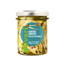 A glass jar of Taycte Grilled Artichokes in Extra Virgin Olive Oil, containing 190g (6.7oz). The label features green and blue tones, displaying pieces of grilled artichoke inside the jar with visible grill marks, and is topped with a metallic silver lid. Marinated in extra virgin olive oil for authentic flavor, these Italian antipasto-style grilled artichokes from Taycte are a delicious addition to any appetizer spread.