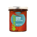 A glass jar of Taycte brand grilled peppers in extra virgin olive oil, featuring a silver lid and a blue label displaying product details in Italian and English.