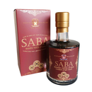 A bottle of Taycte Acetaia Malpighi Saba — Italian Cooked Grape Must Syrup, a traditional balsamic alternative, is displayed with its gold cap in front of its matching red and gold box branded “Taycte,” featuring decorative designs and Italian and English text.