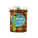 A glass jar of Taycte Oliveri Pitted Leccino Olives in Extra Virgin Olive Oil (Olive Leccino Denocciolate in Olio EVOO), with the olives pitted and preserved in extra virgin olive oil. The jar features a silver lid and a blue and green label showcasing the Taycte brand name and product details on the front.