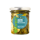 A jar of Taycte Grilled Zucchini in Extra Virgin Olive Oil (Zucchine Grigliate), featuring a silver lid and a blue-green label with both Italian and English text. The clear glass reveals the contents inside, making it an ideal choice for any Italian antipasto spread.