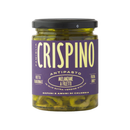 A clear jar of Taycte Famiglia Crispino Sliced Eggplant Antipasto — marinated Italian melanzane in olive oil — features a purple label and reveals the sliced eggplants inside. This authentic Calabrian antipasto from Taycte brings you traditional melted eggplant fillets, preserved in high-quality olive oil for a true taste of Calabria.