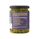 A glass jar of Taycte Famiglia Crispino Sliced Eggplant Antipasto—marinated Italian melanzane in olive oil—featuring a black lid and a purple label displaying nutritional information and ingredients along the side, for an authentic Calabrian antipasto experience.
