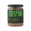 A glass jar of Taycte Famiglia Crispino Spicy Arrabbiata Bruschetta Spread — Hot Pepper Italian Antipasto, featuring a black and green label with Italian text and displaying the vibrant, spicy vegetable mix inside.