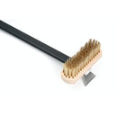 The WPPO Pizza Stone Cleaning Brush by WPPO LLC Direct features a long handle, a wooden head, sturdy metal bristles, and a small metal scraper at the bottom, shown against a white background.