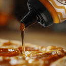 Honey being drizzled from a bottle onto a pizza