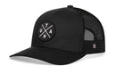 The Haka Hat Utah Trucker Hat is a black snapback featuring a round patch with "UTAH" in a cross pattern and black mesh back panels for breathability. Adjustable classic snapback closure. Brand: Haka Hat.