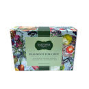 A rectangular box labeled Saltopia Ultimate Veggie Lover Salts by SALTOPIA Infused Sea Salts features a floral and vegetable pattern with tasty herb sea salt blends on a green background.