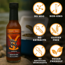 A bottle of Elijah’s Xtreme Venomous Strike (Reaper Hot Sauce) is shown, with icons indicating: No MSG, Non-GMO, No Extracts, Gluten Free, No Artificial Ingredients, and Vegan Friendly. Whether you’re craving the bold flavor of a bourbon cherry hot sauce or the intense heat of a Carolina Reaper hot sauce, this Venomous Strike blend from Elijah’s Xtreme is sure to elevate your dishes. A cooler appears blurred in the background.