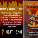 A bottle of Elijah's Xtreme Venomous Strike (Reaper Hot Sauce) from Elijah's Xtreme, featuring a snake on the label. This Carolina Reaper hot sauce offers a bold blend of Carolina Reaper peppers, cherries, cranberries, and bourbon for a fruity, smoky, and fiery flavor profile. With its unique heat level of 6 out of 10, it delivers an unforgettable bourbon cherry hot sauce experience.