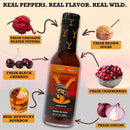A bottle of Elijah's Xtreme Venomous Strike (Reaper Hot Sauce), a bold Carolina Reaper hot sauce from Elijah's Xtreme, is surrounded by images of its fiery and flavorful ingredients: Carolina Reaper peppers, brown sugar, black cherries, cranberries, Kentucky bourbon, and fresh onions.