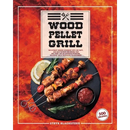 Paperback cover of Wood Pellet Grill: The Ultimate Smoker Cookbook With 500 Tasty, And Easy-To-Make BBQ Recipes That Will Make You An Advanced Pitmaster, featuring skewers of grilled meat and vegetables on a dark plate against a background of flames.