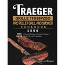 Hardcover cookbook cover for the Traeger Grills TFB88PZBO Pro Pellet Grill and Smoker Cookbook 1500, featuring images of two cooked steaks and a knife.