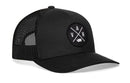 The Haka Hat Vancouver Trucker Hat is a black comfort-fit snapback with a mesh back and a round front patch showing "VAN," crossed by white diagonal lines and outlined with Vancouver, Washington state.