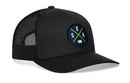 The Haka Hat Seattle Trucker Hat | Black SEA X Snapback features black mesh, a curved brim, and a round patch with S, E, A in white and green lines plus a small white Washington state silhouette.
