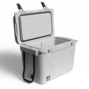 White cooler by Bison Coolers with an open lid and black handles.