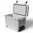 Open, light gray, wheeled cooler by Bison Coolers featuring black latches and a debossed lid graphic.