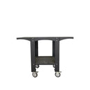 The WPPO Karma 25 Easy Transportation Black Cart from WPPO LLC Direct features a sturdy black metal frame, four swivel caster wheels for easy mobility, a flat top surface, and a convenient lower shelf—ideal as a portable outdoor kitchen accessory or outdoor cooking cart—shown against a white background.