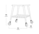 Here’s a revised version of your sentence using the provided product data: Line drawing of the WPPO Infinity Wheeled Trolley for 66 by WPPO LLC Direct, featuring a slatted lower shelf. This mobile oven stand measures 36 inches tall and 33 inches wide, with four caster wheels at each corner for easy movement.