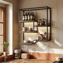 Modern kitchen shelf holds wine bottles, jars, bowls, and cups under warm lighting with four wine glasses hanging below. Through the sunlit window, a DirectDeals 5-Piece Patio Furniture Set with 30 Inches Gas Fire Pit Table Outdoor PE Wicker Sofa Set is visible.