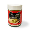 A jar of SALTOPIA Infused Sea Salts Wasabi Salt: WAS-AB-HAPPENIN has a white lid, red label, and wasabi image. The label says “INFUSED SEA SALTS, WASABI HAPPENING.” Perfect bold flavor for sushi.