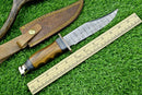 The Texan Knives Western Boulder Colorado Knife features an 11" handmade Damascus steel blade, olive wood handle, and leather sheath, shown beside a wooden ruler on green artificial grass.