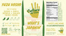 A vibrant yellow and green label for Culture Hot Sauce What's Japanin' by Culture Hot Sauce features phrases such as "Yuzu Kosho," "What’s Japanin’," and suggestions like "Try it with sushi, grill, bowls, salad, fried food." Emphasizing its distinct Japanese citrus flavor and perfect use as a sushi hot sauce, the label also showcases nutrition facts, a QR code, and the signature of the chef.
