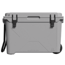 Gray 55 quart wheeled cooler by Bison, featuring a speckled texture and "Made in USA" detail.