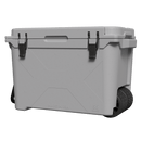 Gray 55-quart cooler with wheels, with black latches and speckled texture.
