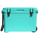 Seafoam 55 quart wheeled cooler by Bison, featuring black latches, handle, and wheels.