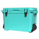 Seafoam 55-quart wheeled cooler by Bison, showing black latches and black handle.