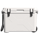 White 55 QT wheeled cooler by Bison, featuring dark grey hardware and textured construction.