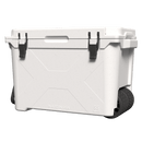 White 55 quart wheeled cooler by Bison, with black latches and wheels on a black background.