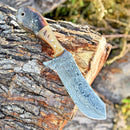 The Texan Knives Whiskey Knives Out features a 4-inch Damascus steel blade and a polished sheep horn handle, displayed outdoors on a rugged tree log.