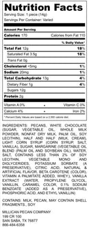 Nutrition Facts label for Millican Pecan White Chocolate Caramillicans Gift Box, featuring information on serving size, calories, fat, cholesterol, sodium, carbohydrates, protein, vitamins, a comprehensive ingredients list, and manufacturer details. Ideal for anyone craving the indulgent combination found in white chocolate turtles or looking to include a caramel pecan treat in a gourmet gift box. Brought to you by Millican Pecan.