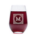 Stemless wine glass filled with red wine, etched with a square decorative border surrounding the letter M, available as a Wine Decanter - The Heirloom from Swanky Badger.