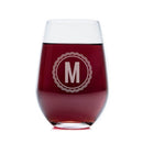 Stemless Wine Glasses - Set of 4: Medalist engraved with a personalized letter M inside a circular border and filled with red wine.