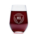 Stemless Wine Glasses - Set of 4: The Modern, featuring a stemless wine glass filled with red wine and etched with the letters MH inside a triangular geometric design.