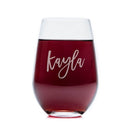 Stemless Wine Glasses - Set of 4: Script engraved with the name Kayla in script and filled with red wine.