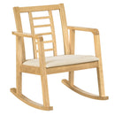 The DirectDeals Wooden Rocking Chair with Upholstered Seat and Ladder Back features straight arms, curved rockers, and a cream seat, shown against a white background.