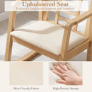The DirectDeals Wooden Rocking Chair with Upholstered Seat and Ladder Back features skin-friendly fabric and a high-density sponge cushion for comfort and support. Insets show the fabric texture and a hand pressing the seat.