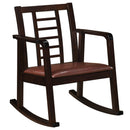 The DirectDeals Wooden Rocking Chair with Upholstered Seat and Ladder Back is shown at an angle against a white background.